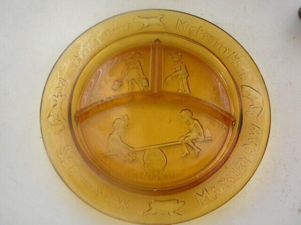 Vintage Nursery Rhyme Amber Glass, 8.5in Divided Plate