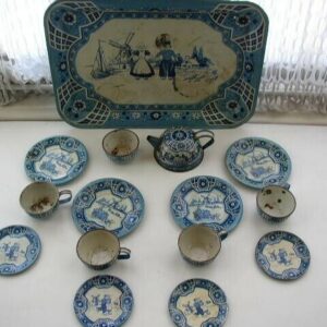 1940-50s Wolverine, Delft 15-pc Child's Tin Tea Set