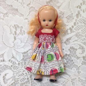 Vintage1940-50s 6in Nancy Ann Story Book Blond Doll in Red-Green Printed Dress