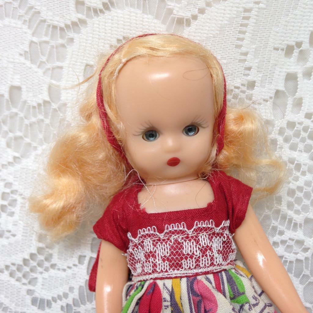 Vintage1940-50s 6in Nancy Ann Story Book Blond Doll in Red-Green Printed Dress