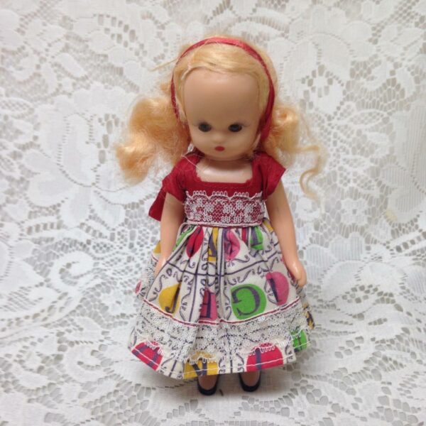 Vintage1940-50s 6in Nancy Ann Story Book Blond Doll in Red-Green Printed Dress