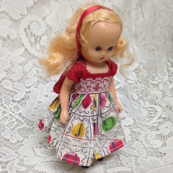 Vintage1940-50s 6in Nancy Ann Story Book Blond Doll in Red-Green Printed Dress