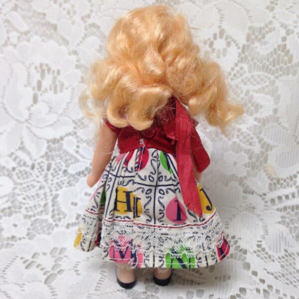 Vintage1940-50s 6in Nancy Ann Story Book Blond Doll in Red-Green Printed Dress