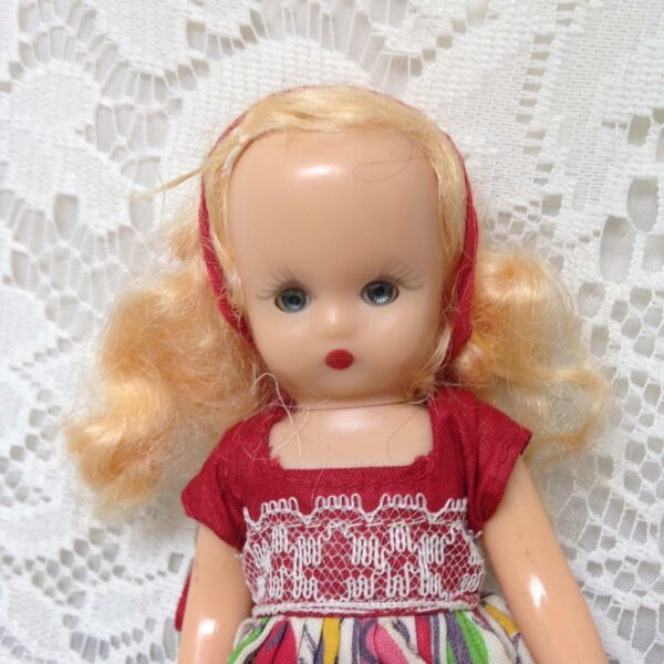 Vintage1940-50s 6in Nancy Ann Story Book Blond Doll in Red-Green Printed Dress