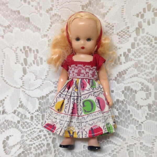 Vintage1940-50s 6in Nancy Ann Story Book Blond Doll in Red-Green Printed Dress