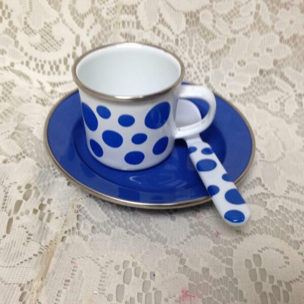 Childs White and Blue Polka Dot Enamelware 3pc Dinner or Dish Set