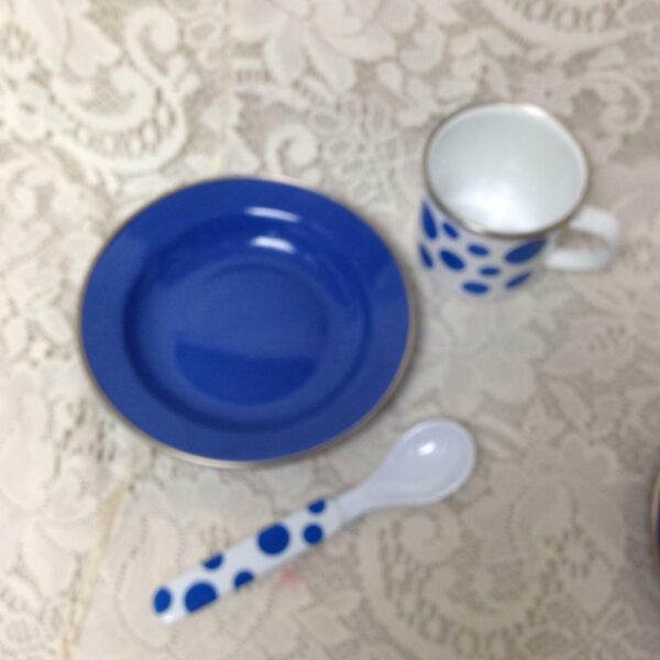 Childs White and Blue Polka Dot Enamelware 3pc Dinner or Dish Set