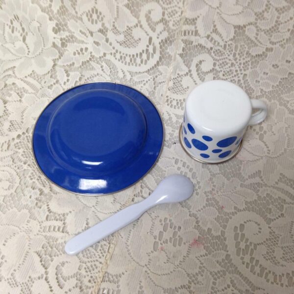 Childs White and Blue Polka Dot Enamelware 3pc Dinner or Dish Set