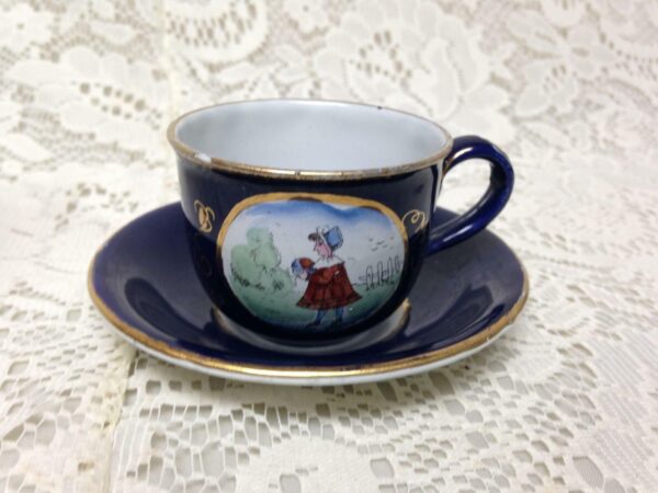 Antique, Rare, German Cobalt Blue Enamelware, 2pc Childs Cup and Saucer (G)