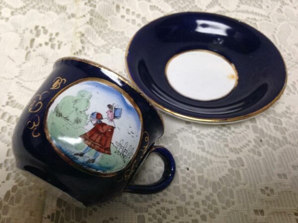 Antique, Rare, German Cobalt Blue Enamelware, 2pc Childs Cup and Saucer (G)