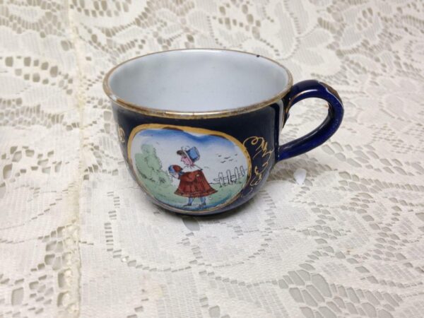 Antique, Rare, German Cobalt Blue Enamelware, 2pc Childs Cup and Saucer (G)