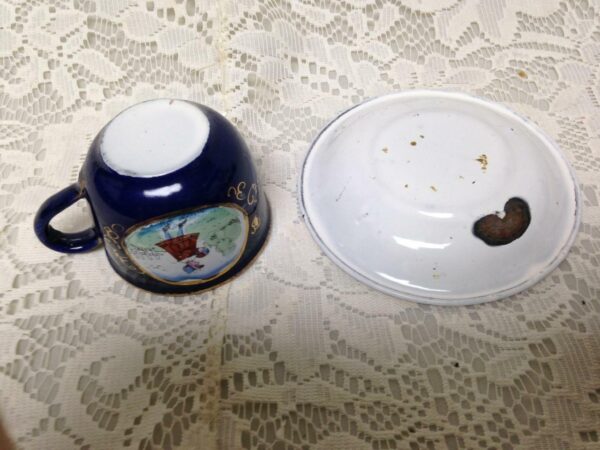 Antique, Rare, German Cobalt Blue Enamelware, 2pc Childs Cup and Saucer (G)