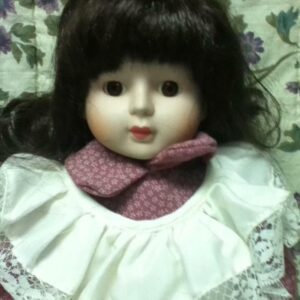 Vintage, 16in Brunette Doll in Pink and White Peasant Dress