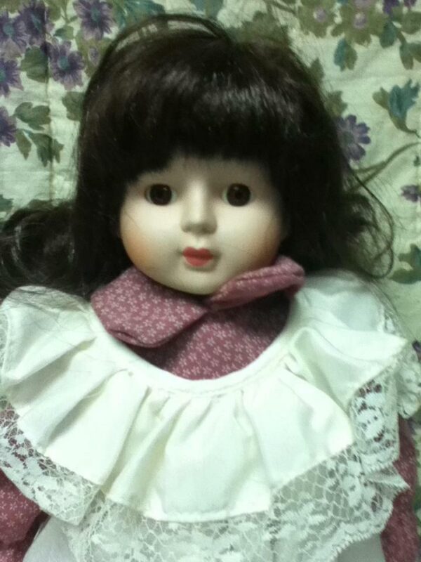 Vintage, 16in Brunette Doll in Pink and White Peasant Dress