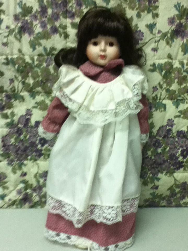 Vintage, 16in Brunette Doll in Pink and White Peasant Dress