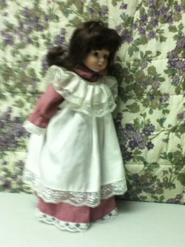 Vintage, 16in Brunette Doll in Pink and White Peasant Dress