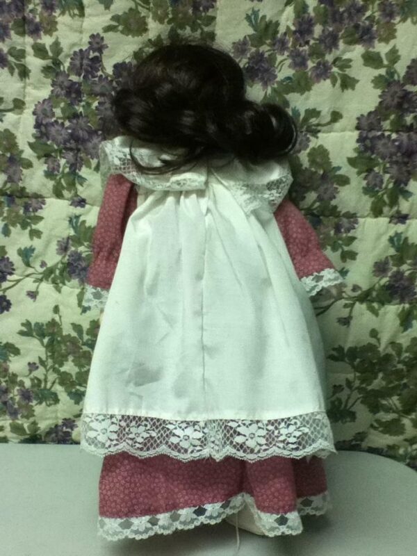 Vintage, 16in Brunette Doll in Pink and White Peasant Dress