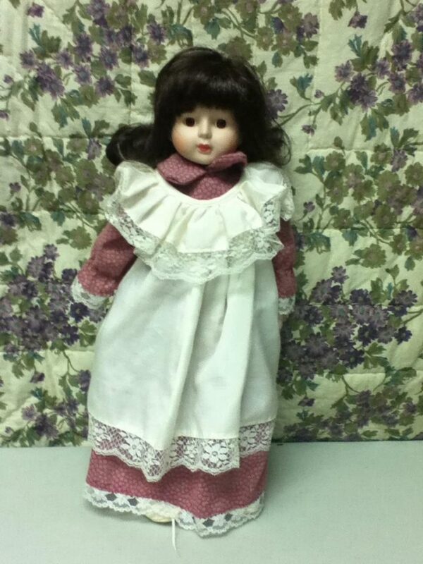 Vintage, 16in Brunette Doll in Pink and White Peasant Dress