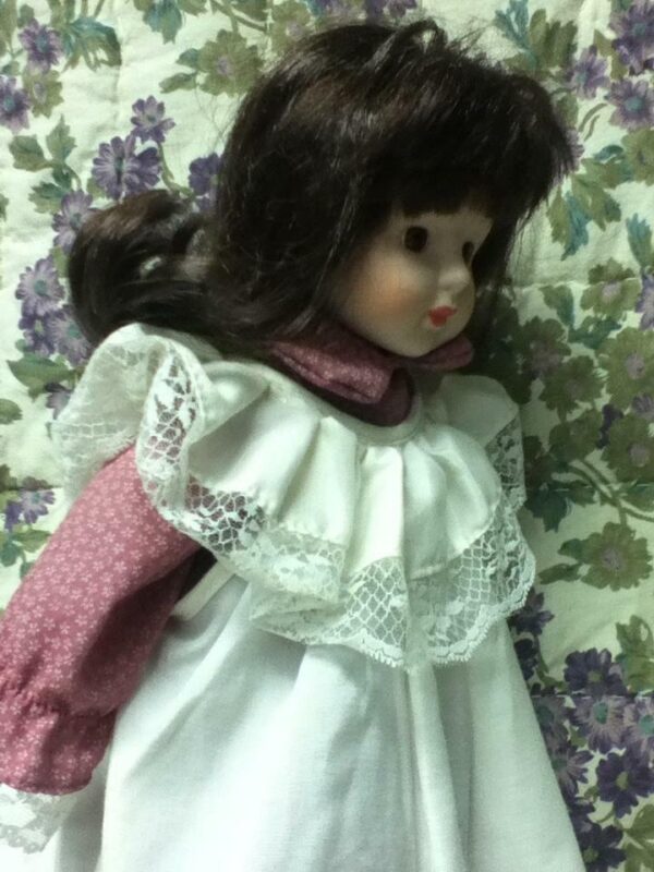 Vintage, 16in Brunette Doll in Pink and White Peasant Dress