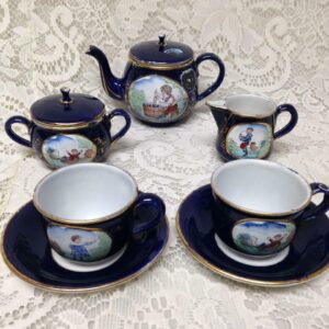 Antique, Rare, German Cobalt Blue Enamelware, 9pc Childs Tea Set