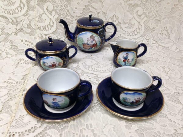 Antique, Rare, German Cobalt Blue Enamelware, 9pc Childs Tea Set