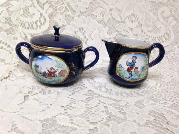 Antique, Rare, German Cobalt Blue Enamelware, 9pc Childs Tea Set