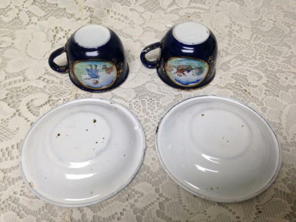 Antique, Rare, German Cobalt Blue Enamelware, 9pc Childs Tea Set