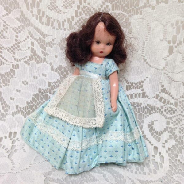 Vintage1940-50s 5.5in Nancy Ann Story Book Doll in Blue Printed Dress w/ Apron