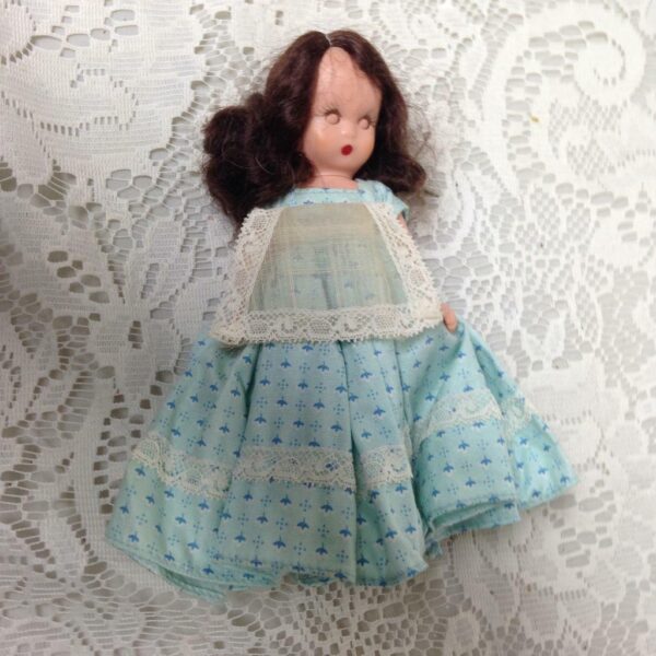 Vintage1940-50s 5.5in Nancy Ann Story Book Doll in Blue Printed Dress w/ Apron