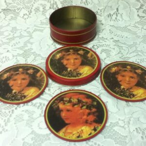 Vintage, 5-pc Doll Portrait Tin Coaster Set in Tin Box, 3.5in D