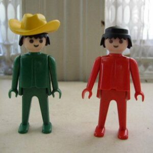 Vintage, 1974 Geobra, Lot of 2 Little Figures in Green and Red Suit