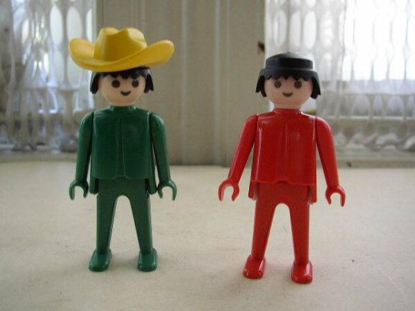 Vintage, 1974 Geobra, Lot of 2 Little Figures in Green and Red Suit