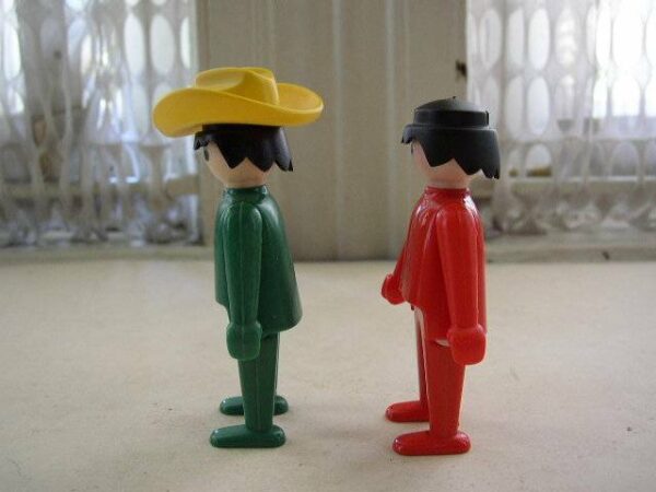 Vintage, 1974 Geobra, Lot of 2 Little Figures in Green and Red Suit