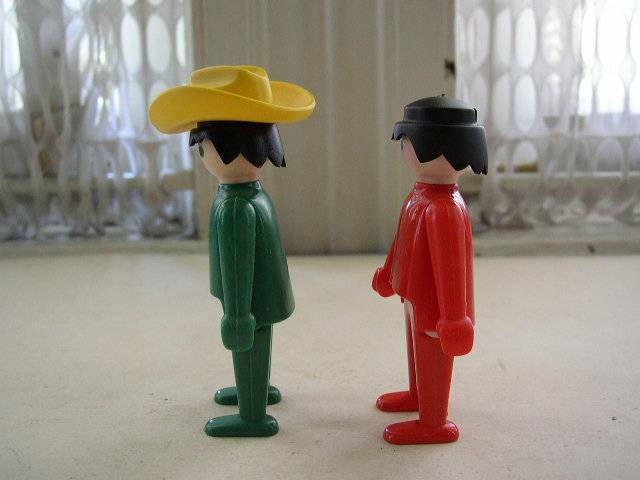 Vintage, 1974 Geobra, Lot of 2 Little Figures in Green and Red Suit