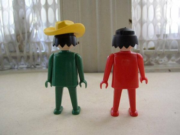 Vintage, 1974 Geobra, Lot of 2 Little Figures in Green and Red Suit