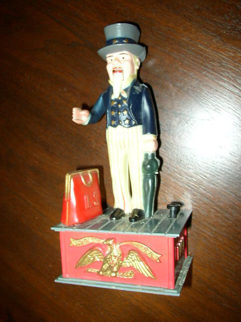 Vintage, Rare Plastic, Uncle Sam Mechanical Bank with Orig. Box