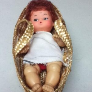 Vintage, 6.5in Doll in 2-Handled Baby Carrier or Basket