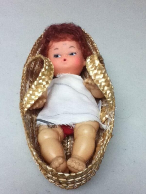 Vintage, 6.5in Doll in 2-Handled Baby Carrier or Basket