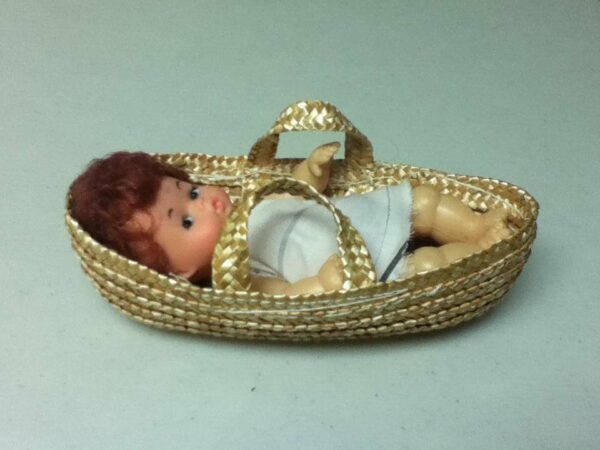 Vintage, 6.5in Doll in 2-Handled Baby Carrier or Basket