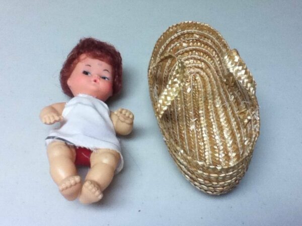 Vintage, 6.5in Doll in 2-Handled Baby Carrier or Basket