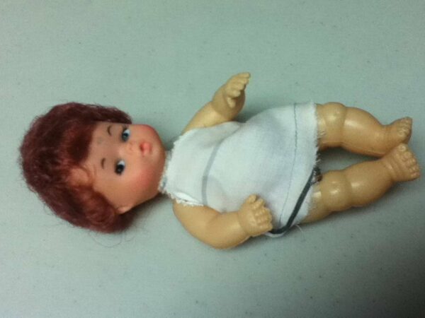 Vintage, 6.5in Doll in 2-Handled Baby Carrier or Basket