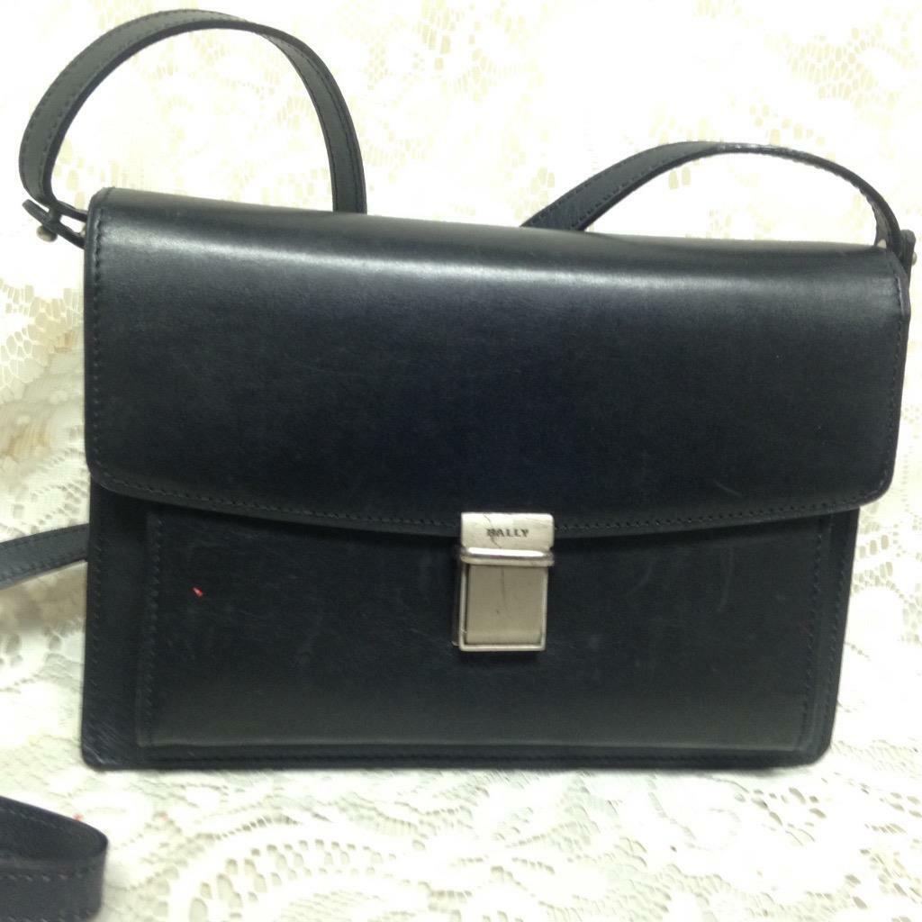 Bally, Black Leather Double Gusset -Crossbody Bag 9in x 6.5in x 4in