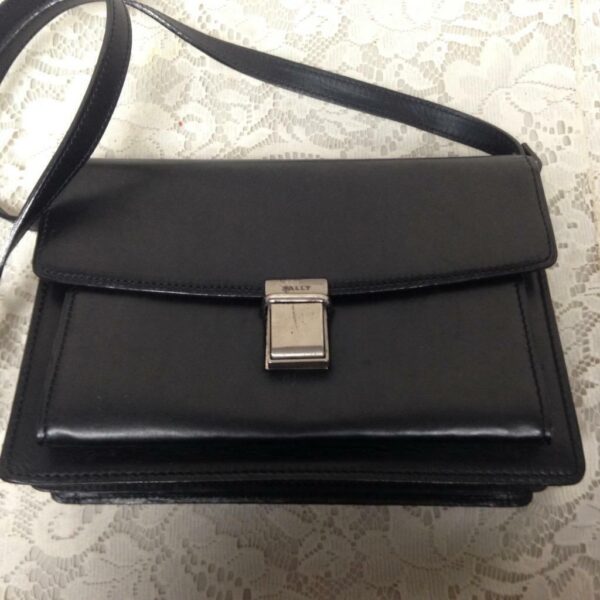 Bally, Black Leather Double Gusset -Crossbody Bag 9in x 6.5in x 4in