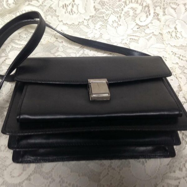 Bally, Black Leather Double Gusset -Crossbody Bag 9in x 6.5in x 4in