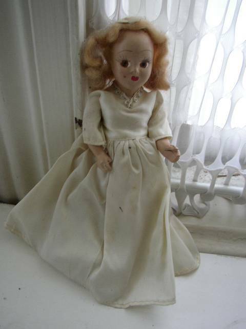 Vintage, Elegant 6.5″ Composition Face Doll in White Gown