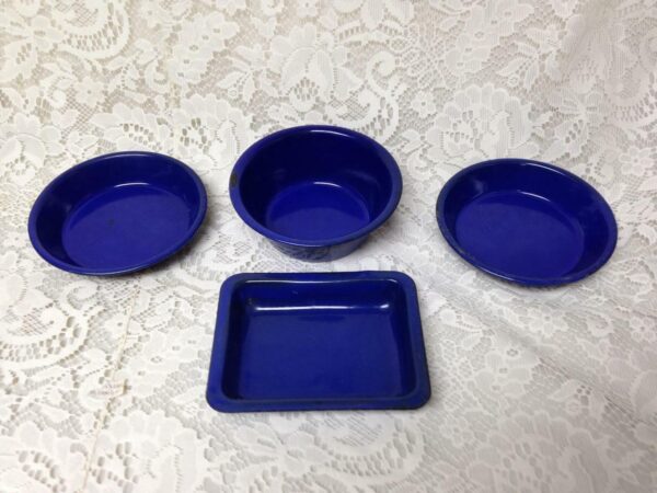 Vintage, Cobalt Blue Enamelware, 4pc Childs Bakeware Set- Just Like Mama