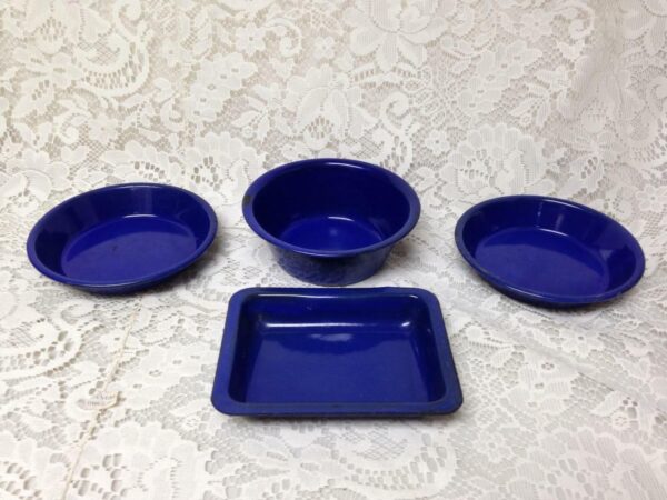 Vintage, Cobalt Blue Enamelware, 4pc Childs Bakeware Set- Just Like Mama