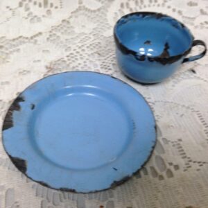 Vintage, French Blue, Child's 2pc Enamelware Cup and Saucer with Gold Trim