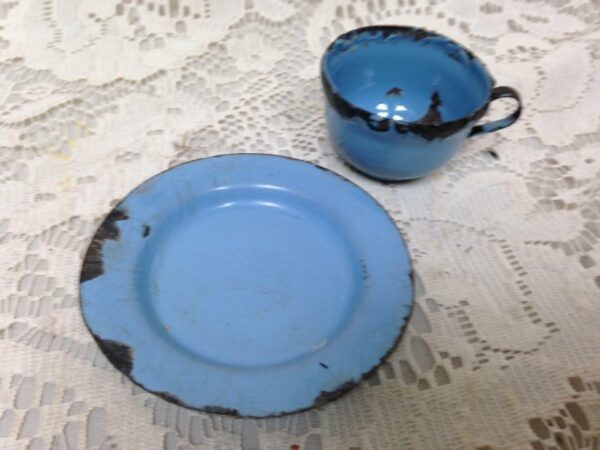 Vintage, French Blue, Child's 2pc Enamelware Cup and Saucer with Gold Trim