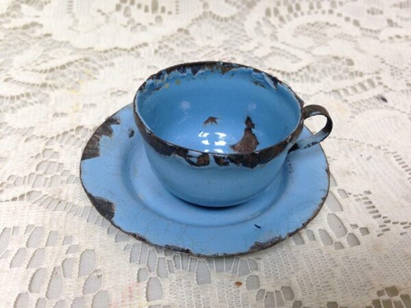 Vintage, French Blue, Child's 2pc Enamelware Cup and Saucer with Gold Trim